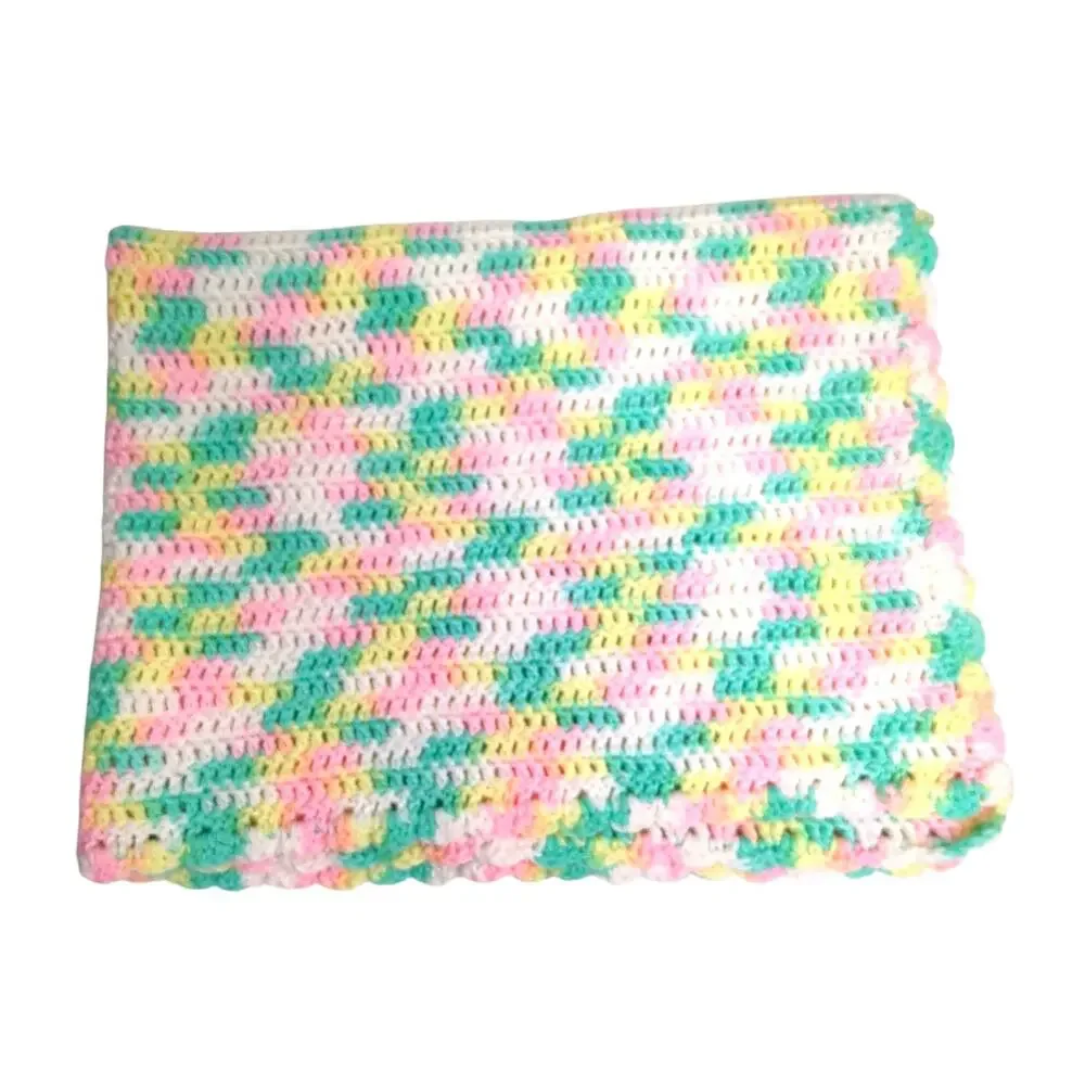Hand-Crochet Pink, White, Yellow, Green, rectangle Baby Blanket Afghan 31